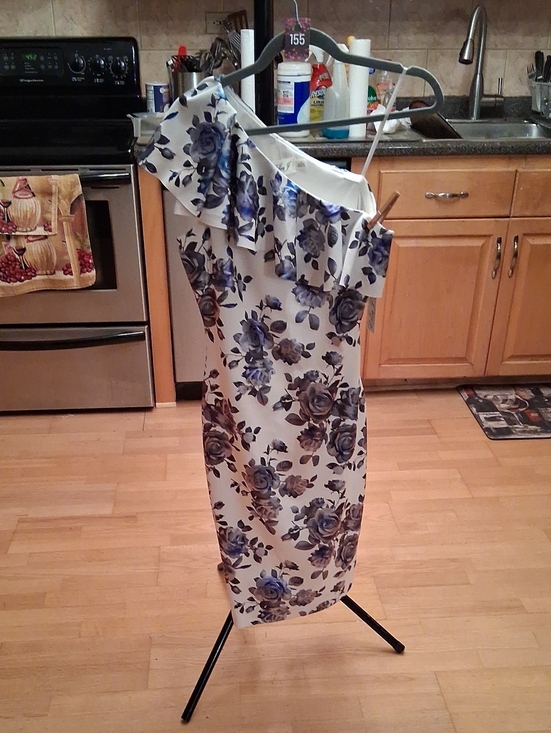 Eliza J Dresses & Skirts - Eliza J White One-Shoulder Dress with Blue Floral Print